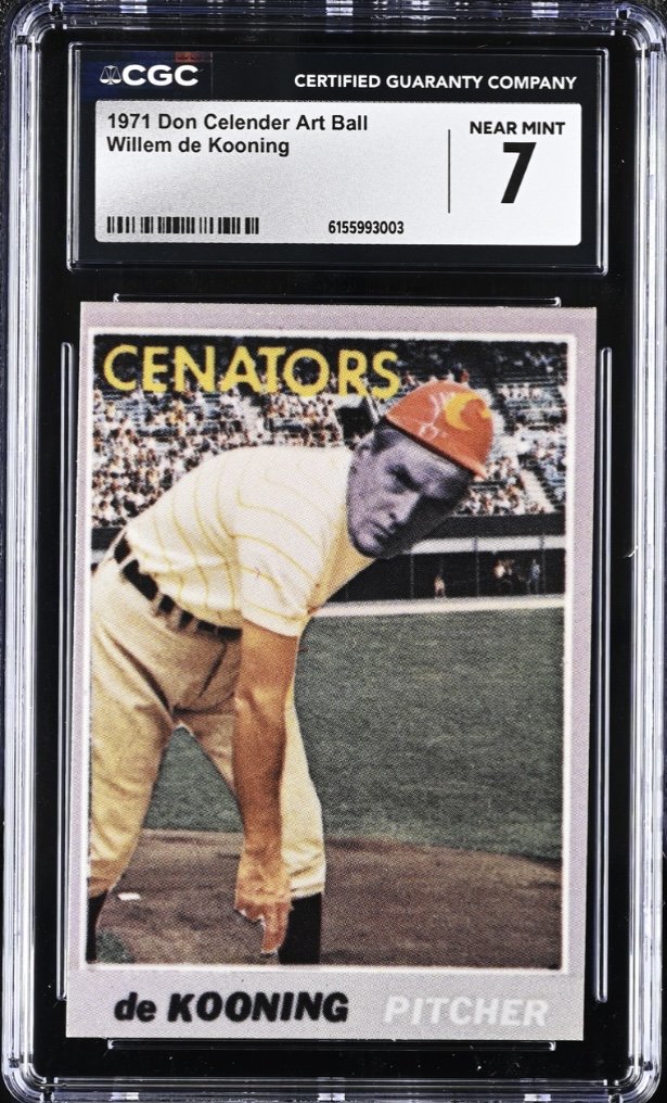 Willem de Kooning 1971 Artball card graded CGC Near Mint 7: de Kooning in a batting helmet for the "Cenators," "de KOONING PITCHER" at the bottom.