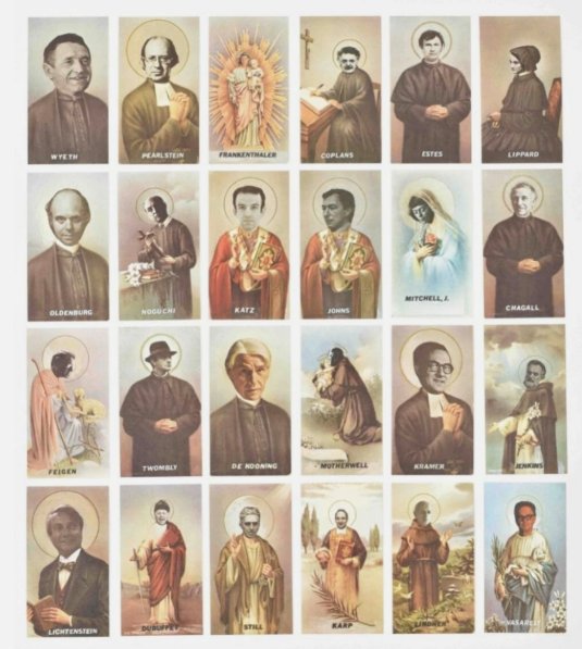 Twenty-four Holy Holy Art Cards showing art-world figures as saints, priests, nuns, and the Madonna.