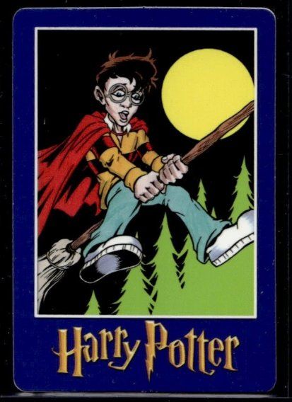 Harry Potter “Magic Will Happen” vending card: Harry flying on a broom beneath a large yellow moon