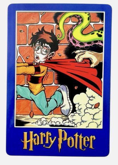 Harry Potter “Magic Will Happen” vending card: Harry running along a brick wall as a clawed hand grabs his cape and a tentacle looms overhead